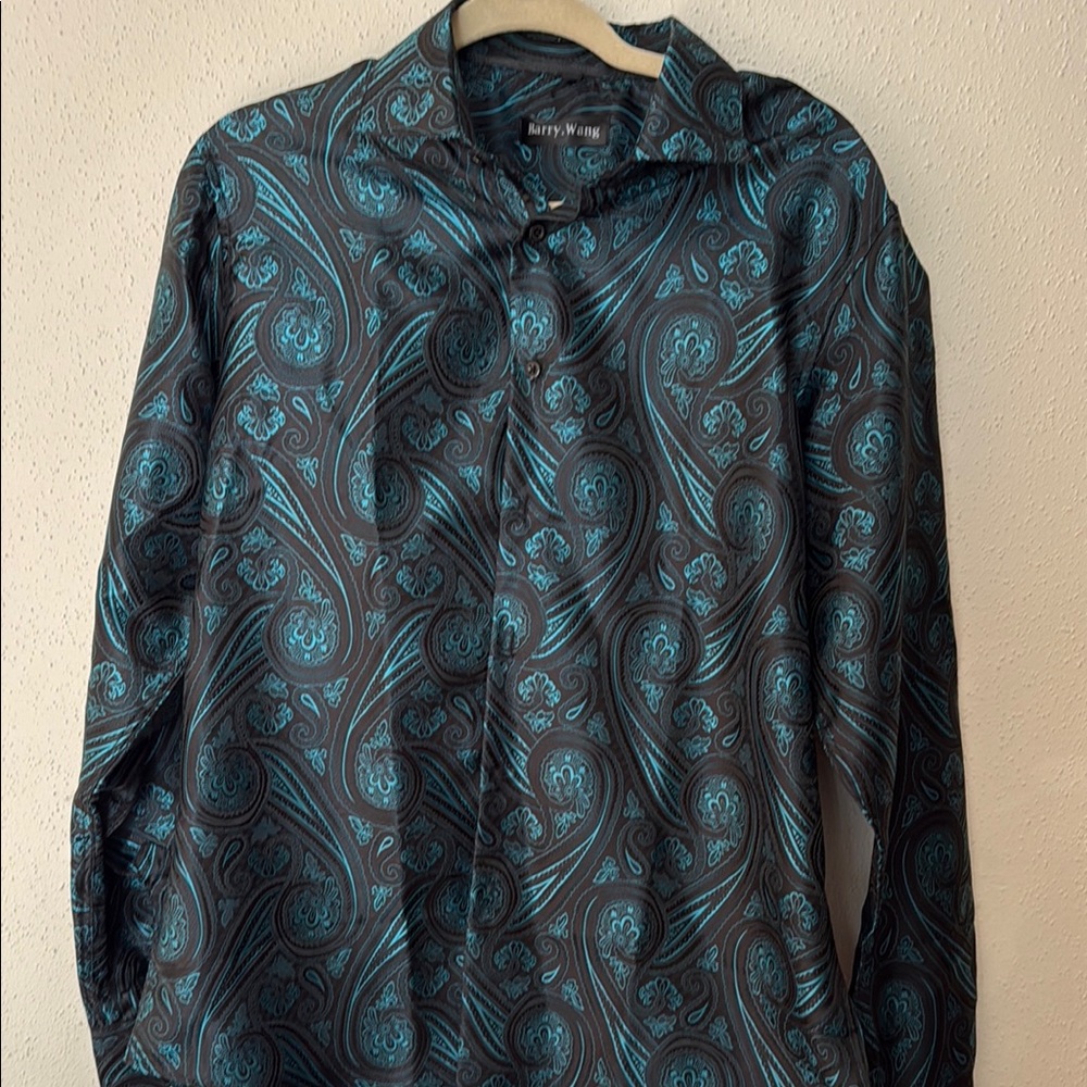 Men's Barry Wang  Teal Paisley Button Down Silk Shirt